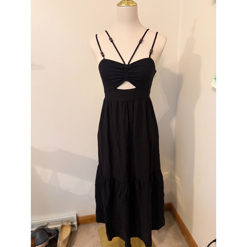 Jason Wu Black Linen Blend Cutout Beaded Strap Midi Dress XS